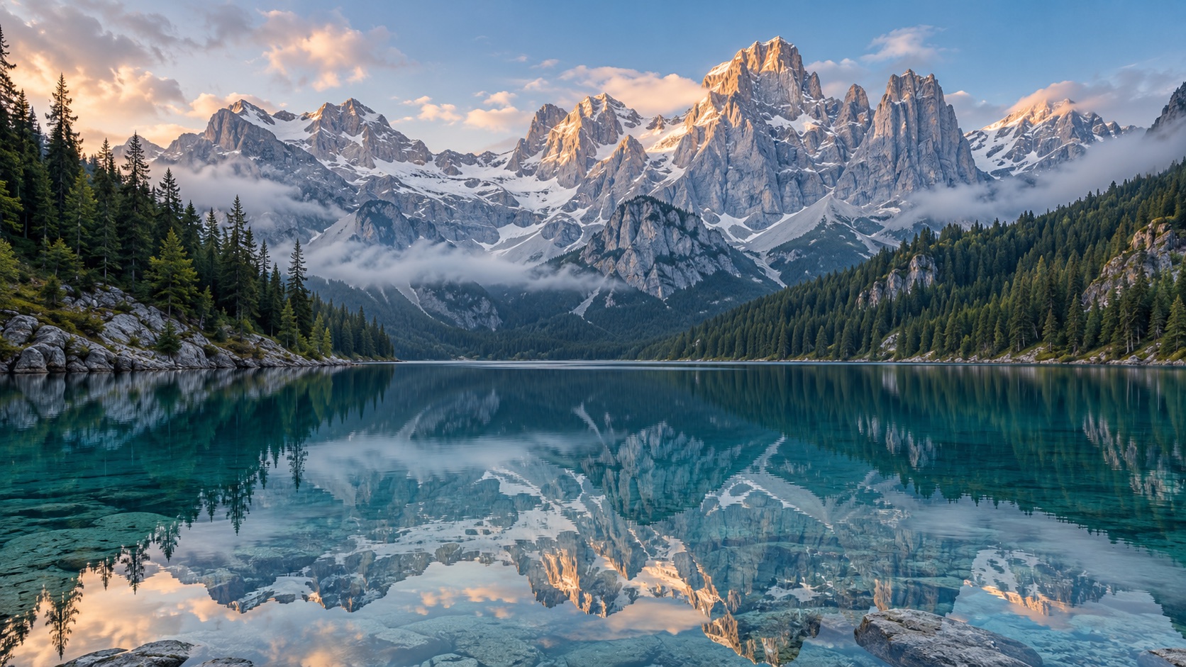 An alpine lake and mountains in the web video demo
